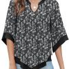 Womens 3/4 Sleeve Chiffon Blouses V Neck Double Layers Mesh Shirts Dressy Flowy Tunic Tops (M-5XL)