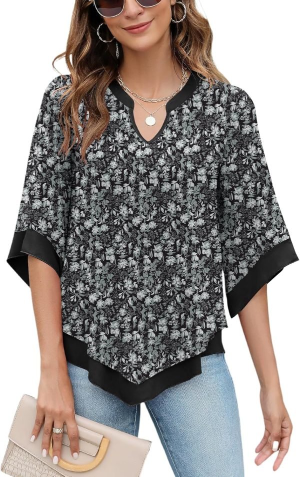 Womens 3/4 Sleeve Chiffon Blouses V Neck Double Layers Mesh Shirts Dressy Flowy Tunic Tops (M-5XL)