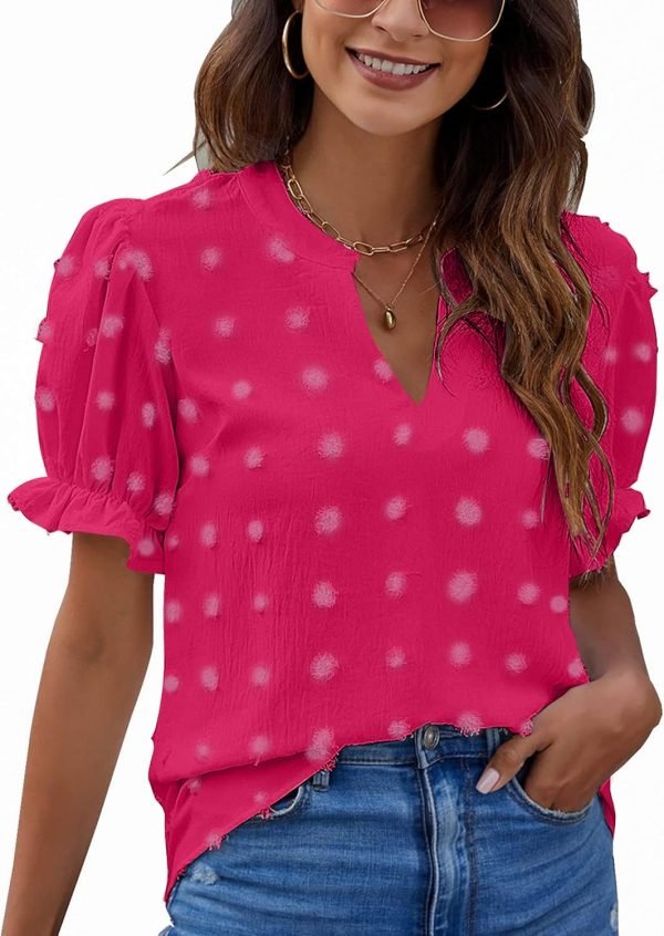 810MVlgcxkL._AC_SL1500 Womens Puff Sleeve Summer Tops Chiffon Short Sleeve Blouses White V Neck Pom Pom Shirts