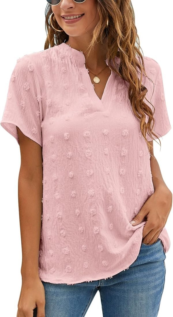 810MkbhTtOL._AC_SL1500 Womens White Chiffon Blouses Short Sleeve V Neck Shirts Summer Casual Polka Dot Tops