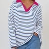 Womens Striped Long Sleeve Shirts 2024 Casual V Neck Oversized Sweatshirt Loose Fit Tunic Tops Fall Blouses
