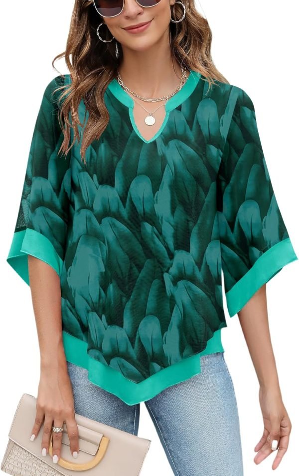 Womens 3/4 Sleeve Chiffon Blouses V Neck Double Layers Mesh Shirts Dressy Flowy Tunic Tops (M-5XL)