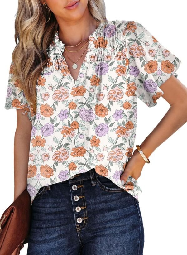 812B1BXZI8L._AC_SL1500 Women's Casual V Neck Floral Print Smocked Short Sleeve Chiffon Blouses Bohemian Top Shirts