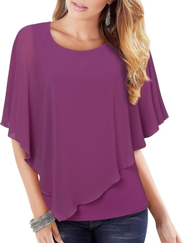 812ODA7R0zL._AC_SL1500 Women's Lightweight Flowy Shirt Double-Layered Printed Chiffon Poncho Blouse Top