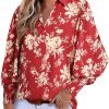 Women 2024 Loose V-Neck Shirts Paisley Print Lantern Sleeve Blouse Tops