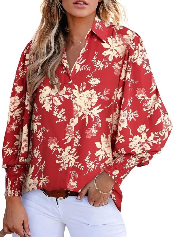 Women 2024 Loose V-Neck Shirts Paisley Print Lantern Sleeve Blouse Tops
