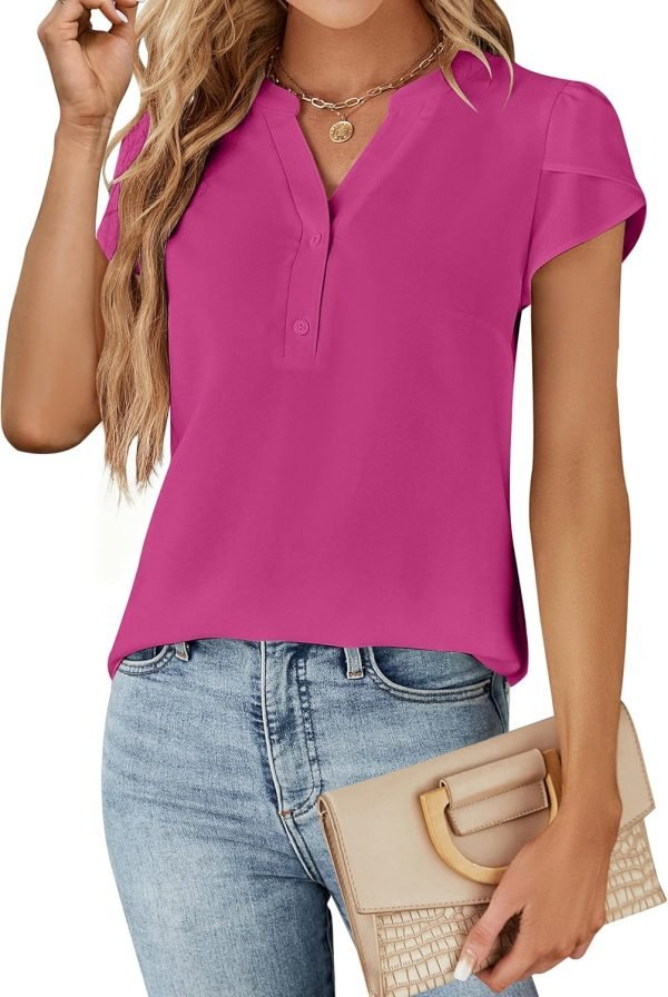 814NgpG9dWL._AC_SL1500 Womens Dressy Casual Tops Business Casual Cap Sleeve Work Blouses Chiffon V Neck Button Down Shirts