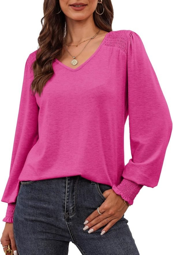 815FuYe7NuL._AC_SL1500 Women's Casual Long Sleeve Tops Shirred Shoulders Solid Color Knit Ribbed T Shirts Blouses
