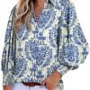 Women 2024 Loose V-Neck Shirts Paisley Print Lantern Sleeve Blouse Tops