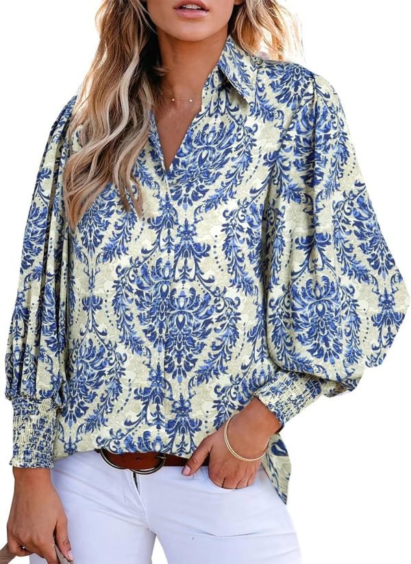 Women 2024 Loose V-Neck Shirts Paisley Print Lantern Sleeve Blouse Tops
