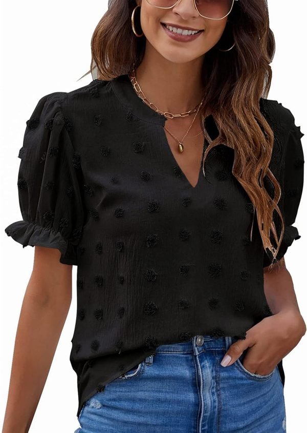 815i4q1fXaL._AC_SL1500 Womens Puff Sleeve Summer Tops Chiffon Short Sleeve Blouses White V Neck Pom Pom Shirts