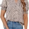 Womens Fashion Blouses Notched V Neck Puffer Short Sleeve Shirt Polka Dot Tops Chiffon Dressy Shirts