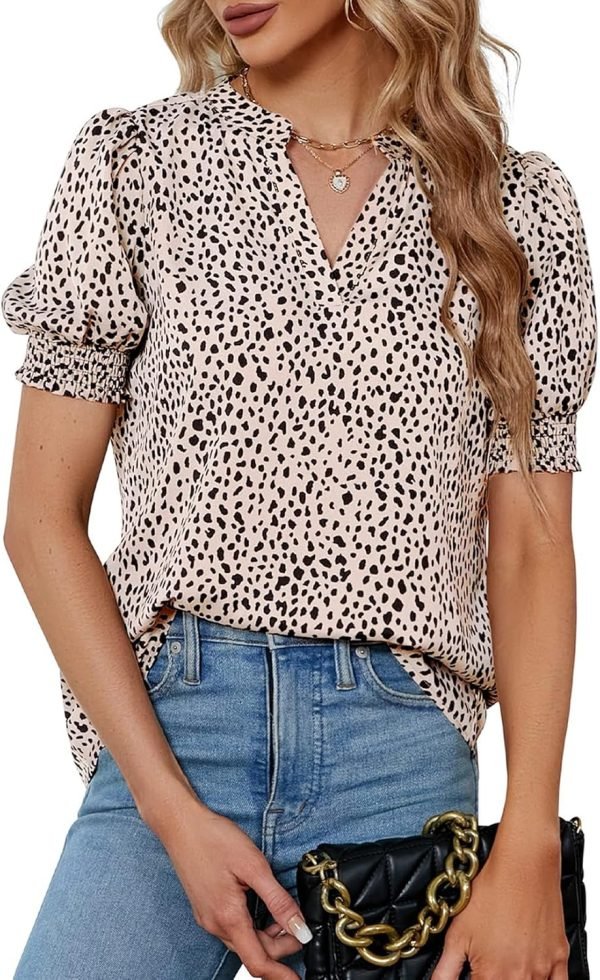 815txXY18fL._AC_SL1500 Womens Fashion Blouses Notched V Neck Puffer Short Sleeve Shirt Polka Dot Tops Chiffon Dressy Shirts