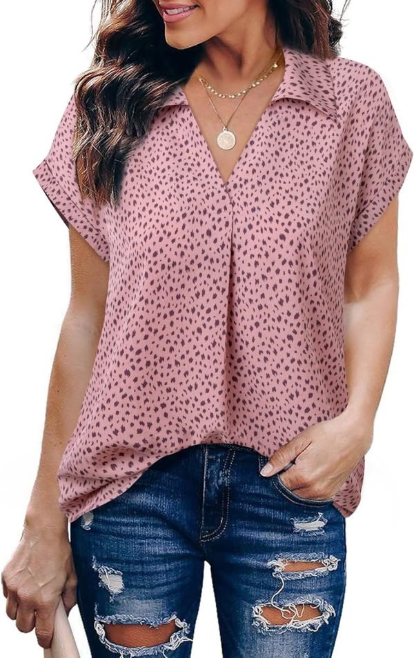 Women's Summer Work Blouse V Neck Short Sleeve Lapel Shirt Top Tunic