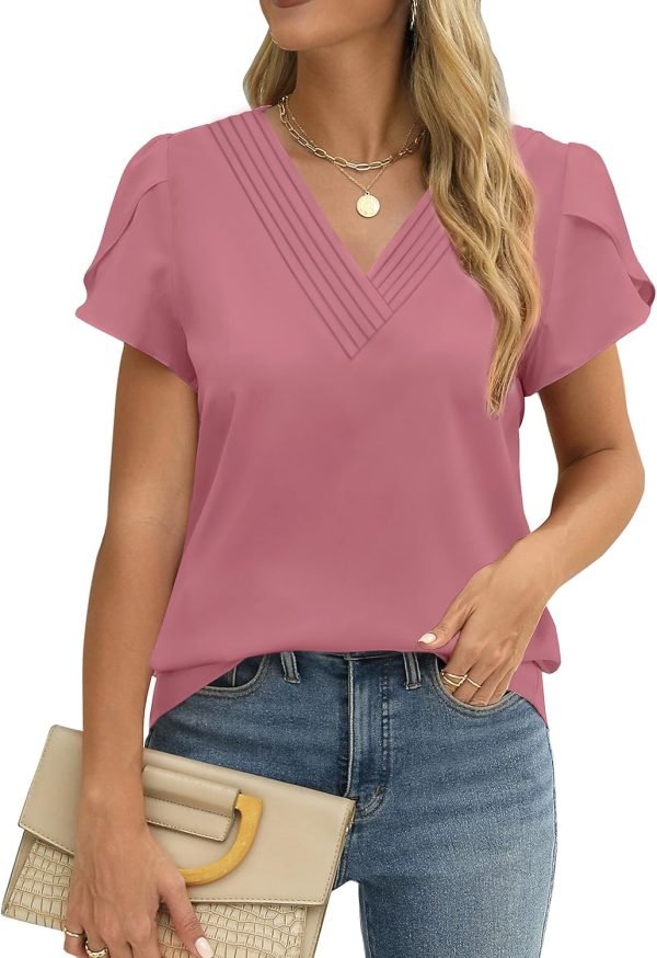 Womens Tops Dressy Casual V Neck Ruffle Short Sleeve Blouse Business Casual Tops Chiffon Flowy Shirt Cute Summer Tops