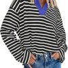 Womens Striped Long Sleeve Shirts 2024 Casual V Neck Oversized Sweatshirt Loose Fit Tunic Tops Fall Blouses