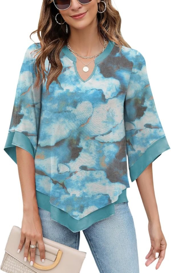 Womens 3/4 Sleeve Chiffon Blouses V Neck Double Layers Mesh Shirts Dressy Flowy Tunic Tops (M-5XL)