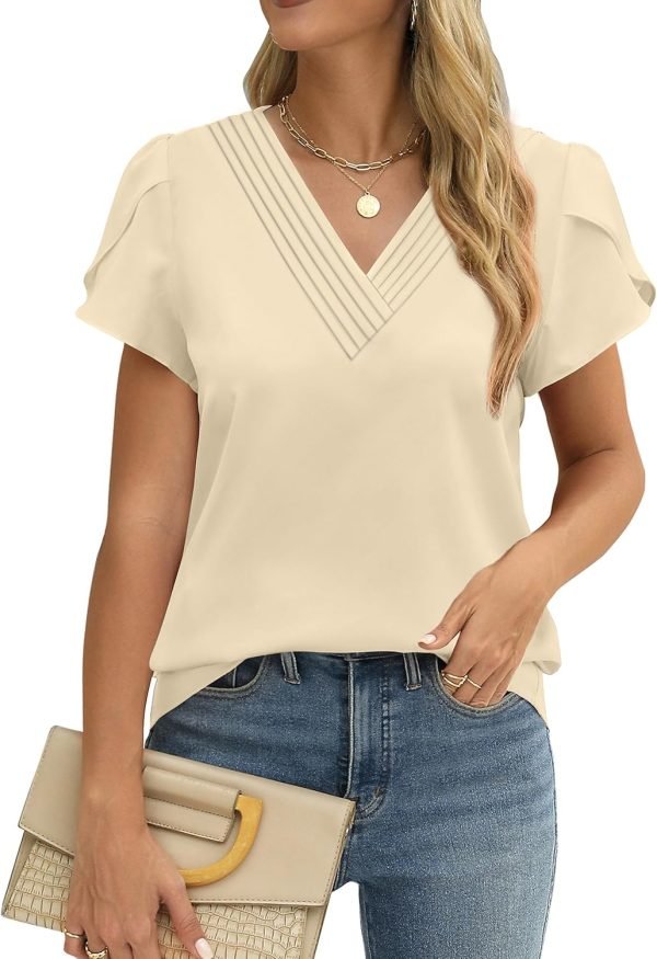 Womens Tops Dressy Casual V Neck Ruffle Short Sleeve Blouse Business Casual Tops Chiffon Flowy Shirt Cute Summer Tops