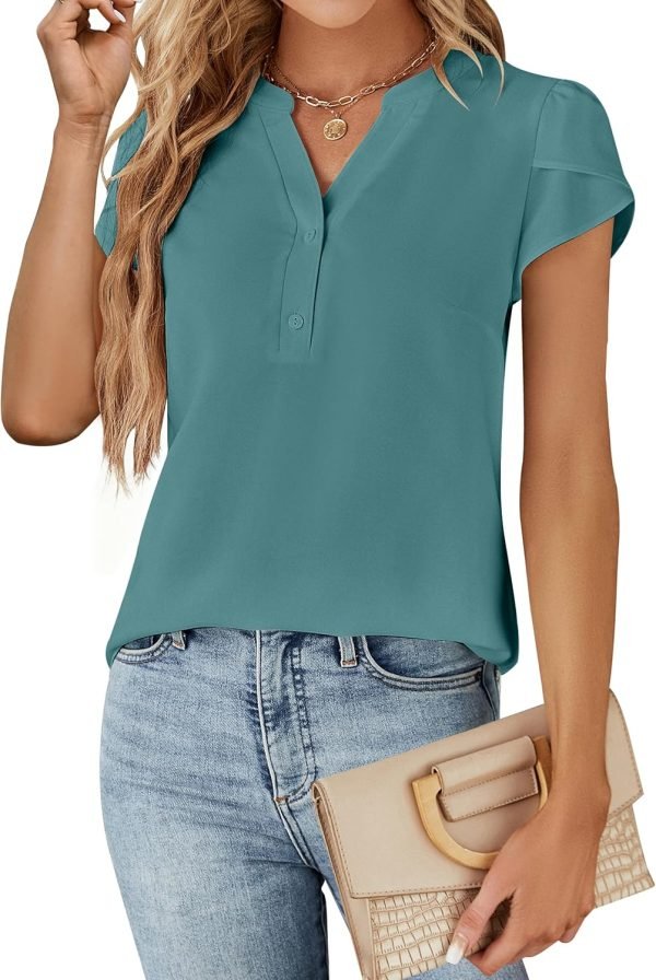81BD_zb0mDL._AC_SL1500 Womens Dressy Casual Tops Business Casual Cap Sleeve Work Blouses Chiffon V Neck Button Down Shirts