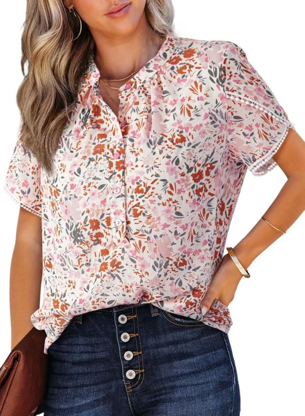 81BLRIWc6ML._AC_SL1500 Womens Tops Summer Casual Boho Floral Print Short Sleeve Half Button Down V Neck Chiffon Blouses Shirts