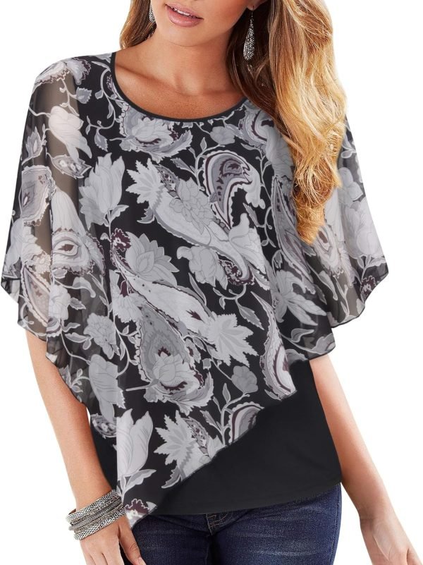 81BYmgx09ML._AC_SL1500 Women's Lightweight Flowy Shirt Double-Layered Printed Chiffon Poncho Blouse Top