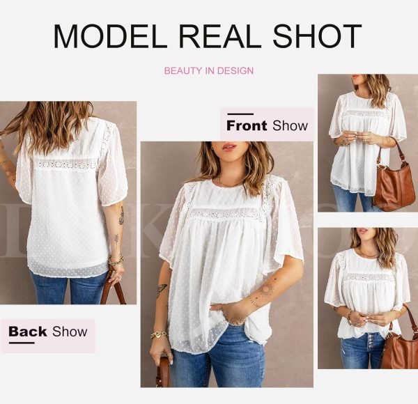 81C7fk9GPFL._AC_SL1500 Womens Crewneck Lace Crochet Pom Pom Flowy Short Sleeve Casual Shirts Blouses Tops