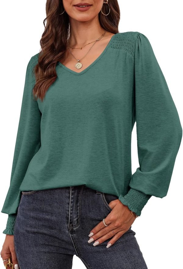 81CKRUkeozL._AC_SL1500 Women's Casual Long Sleeve Tops Shirred Shoulders Solid Color Knit Ribbed T Shirts Blouses