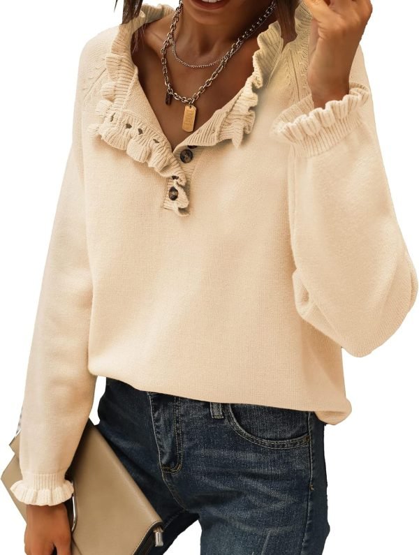 81CesvtiTWL._AC_SL1500 Women's Sweaters Casual Long Sleeve Button Down Crew Neck Ruffle Knit Pullover Sweater Tops Solid Color Striped