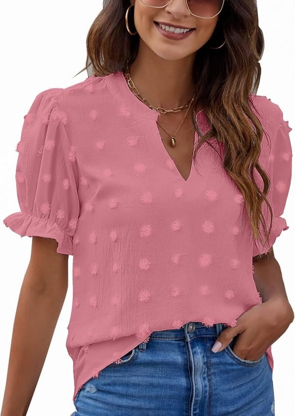 81Ct6kSxVtL._AC_SL1500 Womens Puff Sleeve Summer Tops Chiffon Short Sleeve Blouses White V Neck Pom Pom Shirts