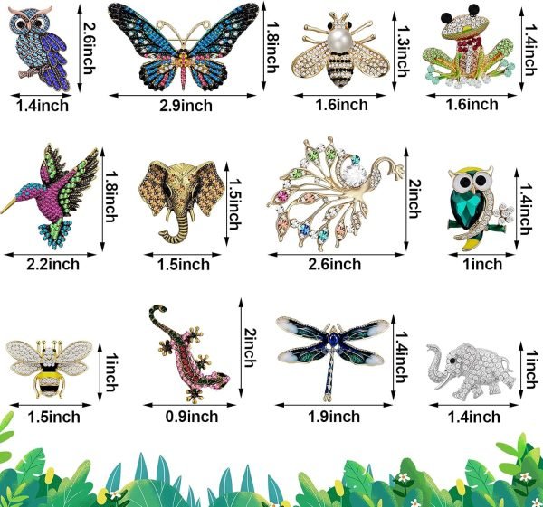 12 Pcs Women Brooches Bulk Set Rhinestone Crystal Vintage with Hummingbird Owl Elephant Peacock Bee Brooch Pin Animal Shape Butterfly Pins for Women Girls Christmas Gifts