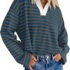 Womens Striped Long Sleeve Shirts 2024 Casual V Neck Oversized Sweatshirt Loose Fit Tunic Tops Fall Blouses