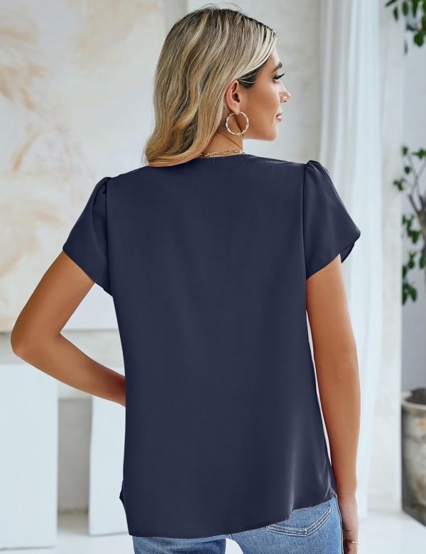 Womens Tops Dressy Casual V Neck Ruffle Short Sleeve Blouse Business Casual Tops Chiffon Flowy Shirt Cute Summer Tops