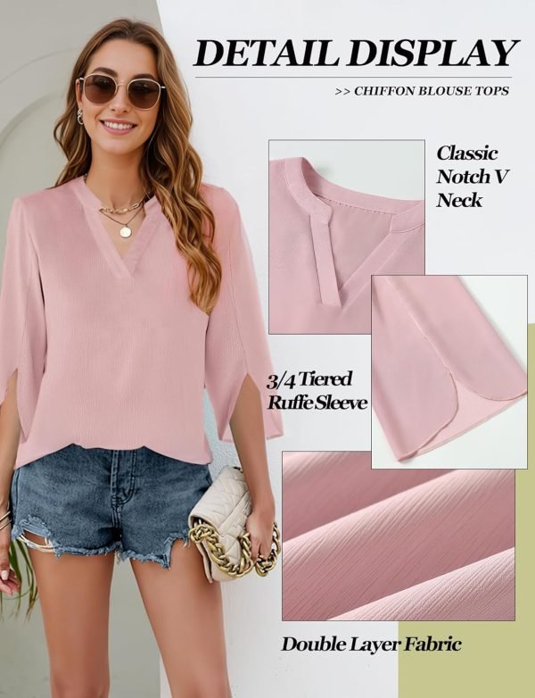 81DDRGXOeVL._AC_SL1500_52689988-f109-45c2-a1f8-2091e62e0768 Women's 3/4 Sleeve Chiffon Blouses for Women Dressy Casual, V Neck Double Layers Chiffon Blouses 2024, Tunic Tops