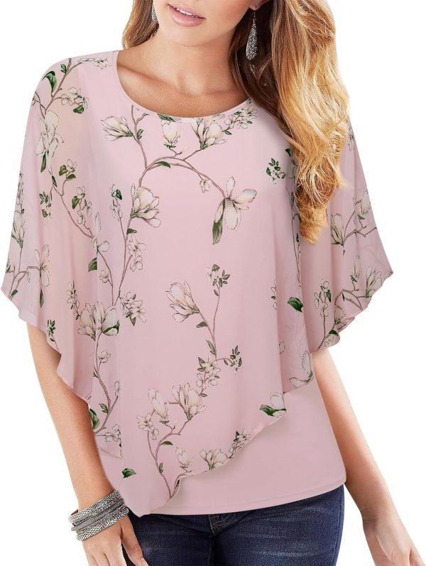 81EISQlg7GL._AC_SL1500 Women's Lightweight Flowy Shirt Double-Layered Printed Chiffon Poncho Blouse Top