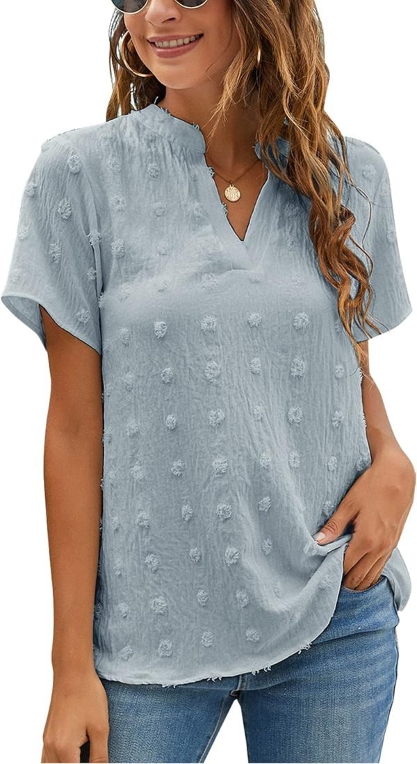 81FRtGsEXdL._AC_SL1500 Womens White Chiffon Blouses Short Sleeve V Neck Shirts Summer Casual Polka Dot Tops