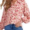 Women's Casual V Neck Allover Floral Print Long Sleeve Chiffon Button Down Blouses Bohemian Top Shirts
