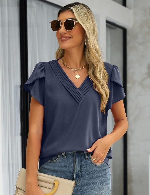 Womens Tops Dressy Casual V Neck Ruffle Short Sleeve Blouse Business Casual Tops Chiffon Flowy Shirt Cute Summer Tops