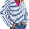Womens Striped Long Sleeve Shirts 2024 Casual V Neck Oversized Sweatshirt Loose Fit Tunic Tops Fall Blouses