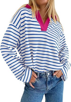 Womens Striped Long Sleeve Shirts 2024 Casual V Neck Oversized Sweatshirt Loose Fit Tunic Tops Fall Blouses