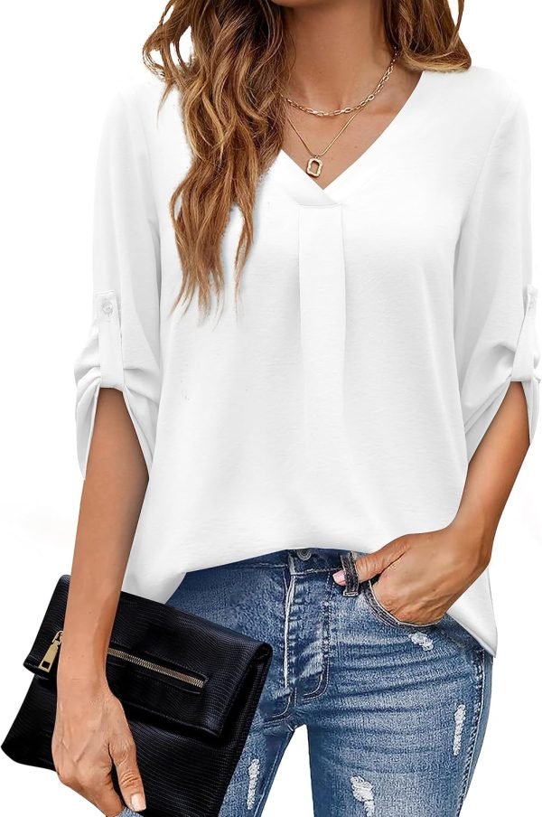 U.Vomade Women's 3/4 Cuffed Sleeve Chiffon V Neck Casual Shirts for Women S-XL