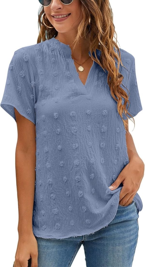 81GBee0j4QL._AC_SL1500 Womens White Chiffon Blouses Short Sleeve V Neck Shirts Summer Casual Polka Dot Tops