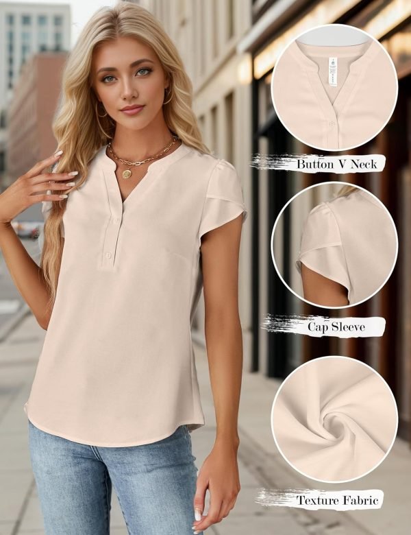 81GOxt-2ZuL._AC_SL1500 Womens Dressy Casual Tops Business Casual Cap Sleeve Work Blouses Chiffon V Neck Button Down Shirts