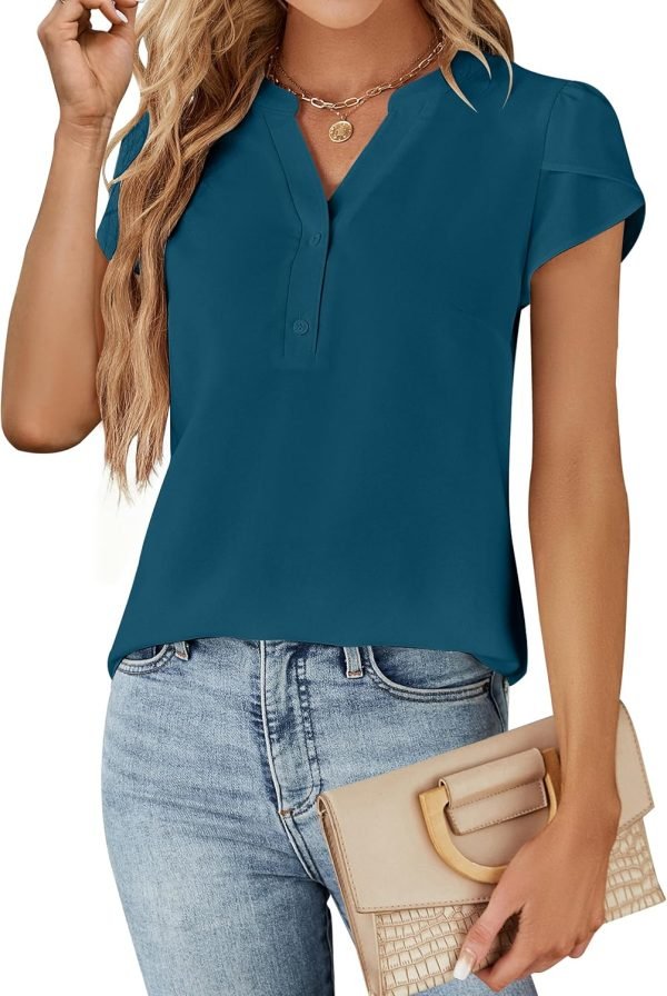 81Gkqu1FLNL._AC_SL1500 Womens Dressy Casual Tops Business Casual Cap Sleeve Work Blouses Chiffon V Neck Button Down Shirts