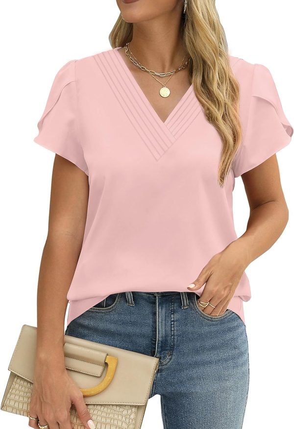 Womens Tops Dressy Casual V Neck Ruffle Short Sleeve Blouse Business Casual Tops Chiffon Flowy Shirt Cute Summer Tops