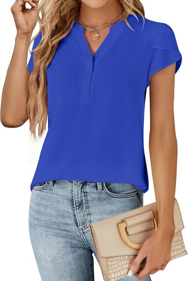 81H2Y7uQMzL._AC_SL1500 Womens Dressy Casual Tops Business Casual Cap Sleeve Work Blouses Chiffon V Neck Button Down Shirts
