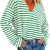 Womens Striped Long Sleeve Shirts 2024 Casual V Neck Oversized Sweatshirt Loose Fit Tunic Tops Fall Blouses