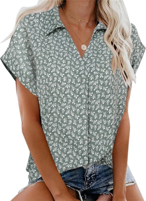 Women's Summer Work Blouse V Neck Short Sleeve Lapel Shirt Top Tunic