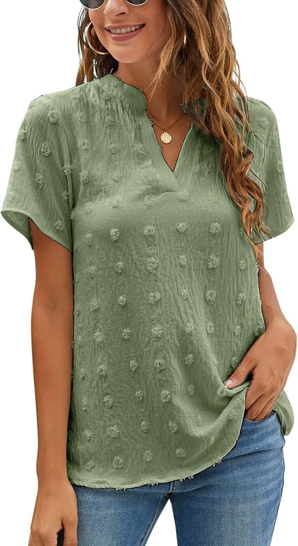 81HNFTDuN9L._AC_SL1500 Womens White Chiffon Blouses Short Sleeve V Neck Shirts Summer Casual Polka Dot Tops