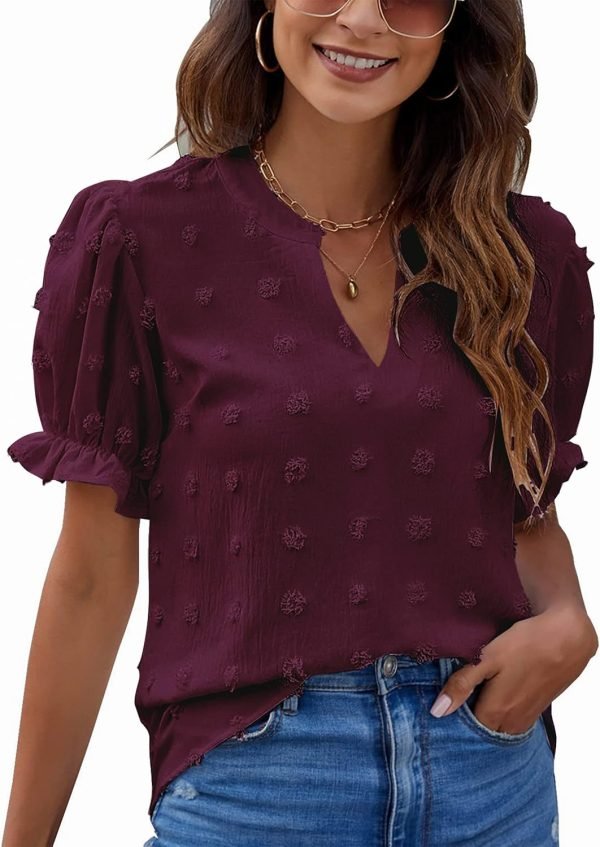 81J7NGfi6-L._AC_SL1500 Womens Puff Sleeve Summer Tops Chiffon Short Sleeve Blouses White V Neck Pom Pom Shirts