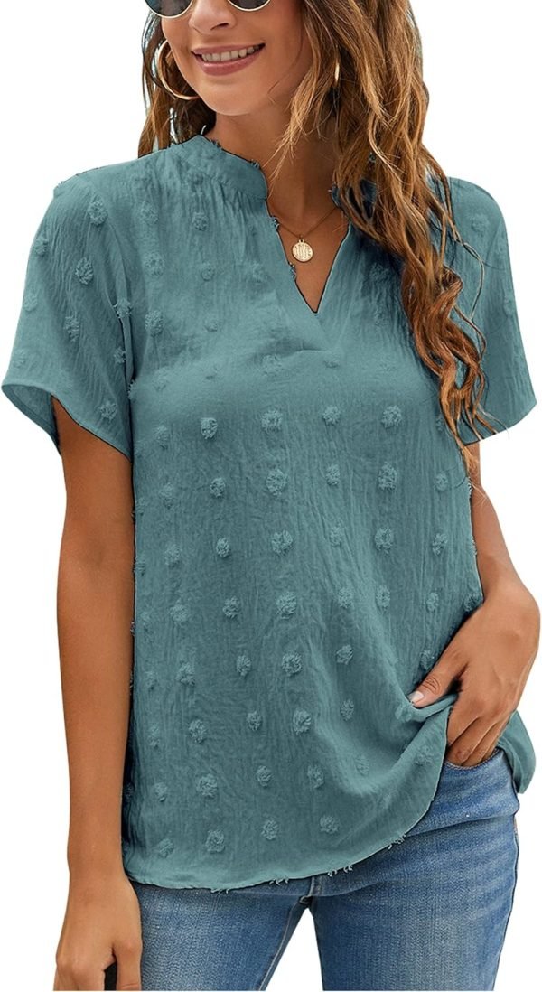 81JqVHvMbHL._AC_SL1500 Womens White Chiffon Blouses Short Sleeve V Neck Shirts Summer Casual Polka Dot Tops